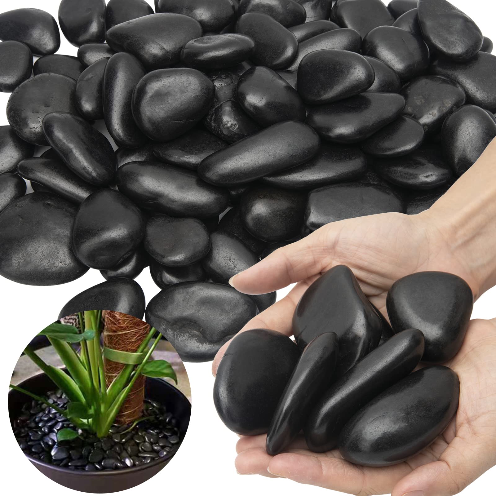 TOPEMAI black river rocks, 15 lb bag, polished pebbles for durable garden decor