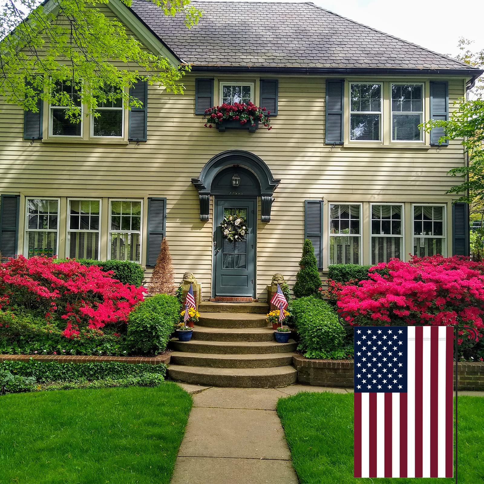 TopFlags patriotic yard flag 12x18 suitable for patios and fences, durable for seasonal displays.