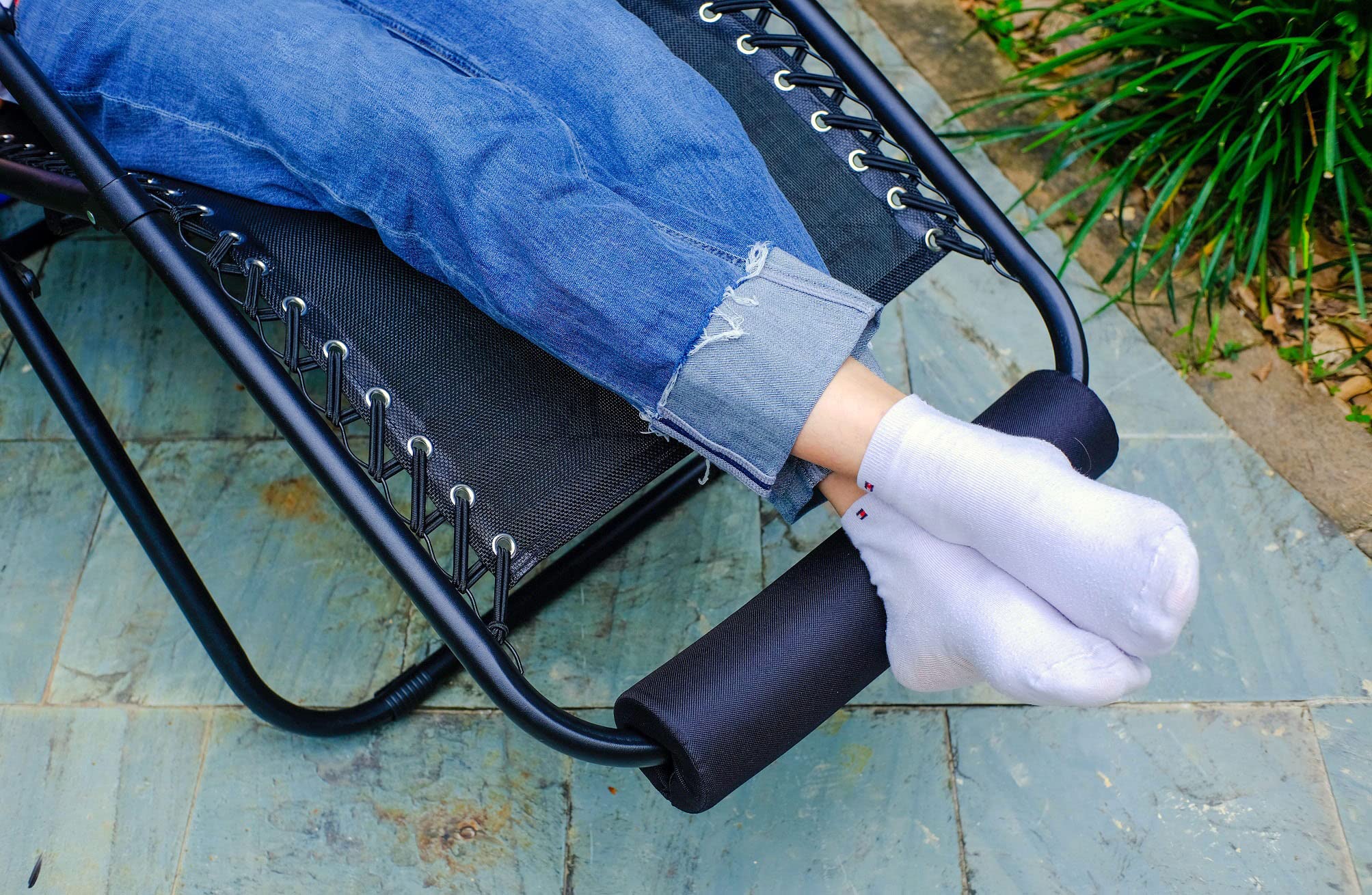 TopJUM outdoor recliner foot rest cushion supports legs with soft, durable padding.