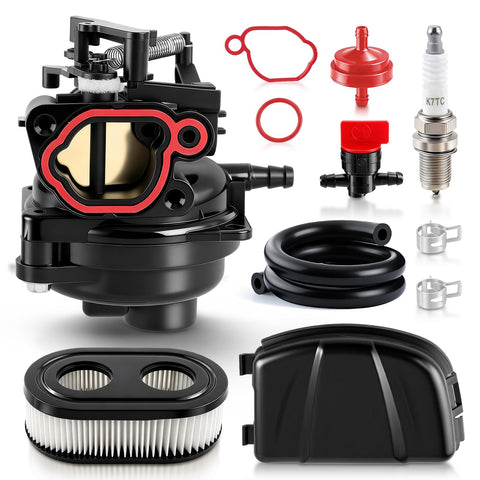 Topkidame 799584 carburetor kit packaging photo showing complete parts for easy lawn mower repair.