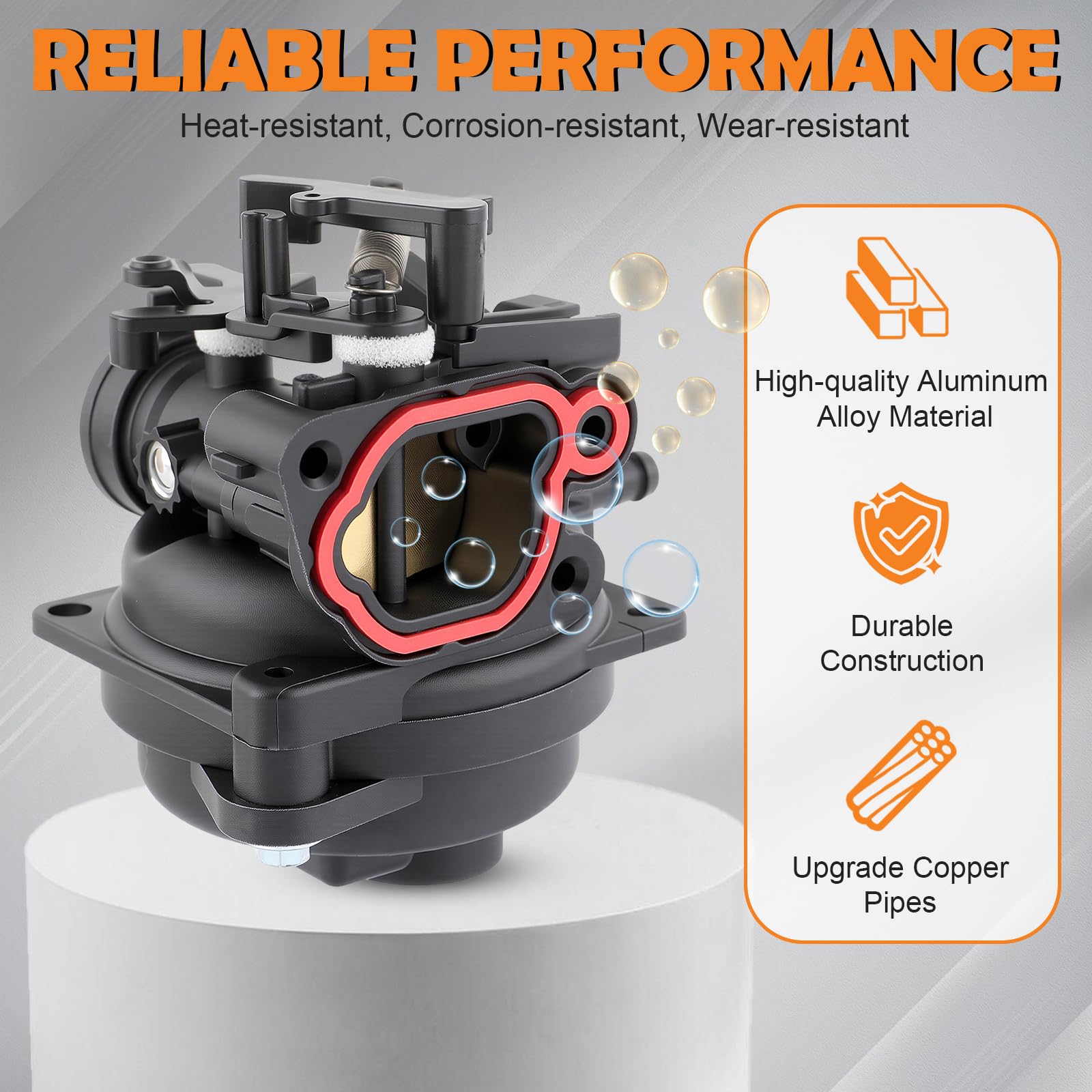 Topkidame 799584 carburetor kit with air filter illustration emphasizing improved engine airflow.