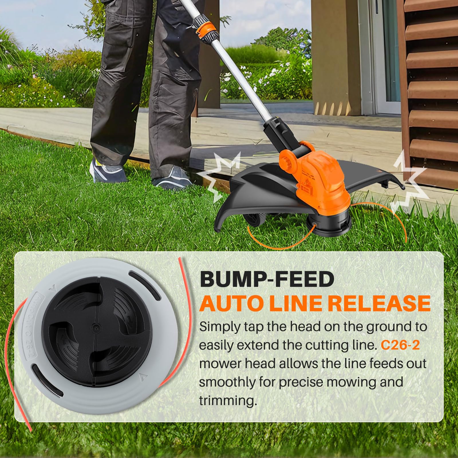 Topkidame C26-2 attached to a Stihl trimmer beside garden edge