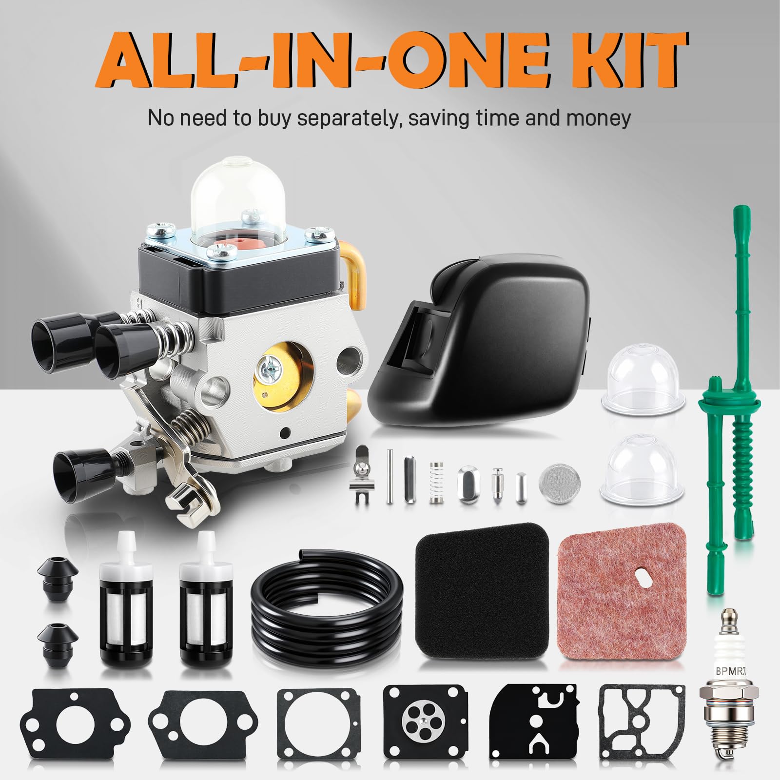 Topkidame carburetor package includes gaskets filters spark plug and repair kit.
