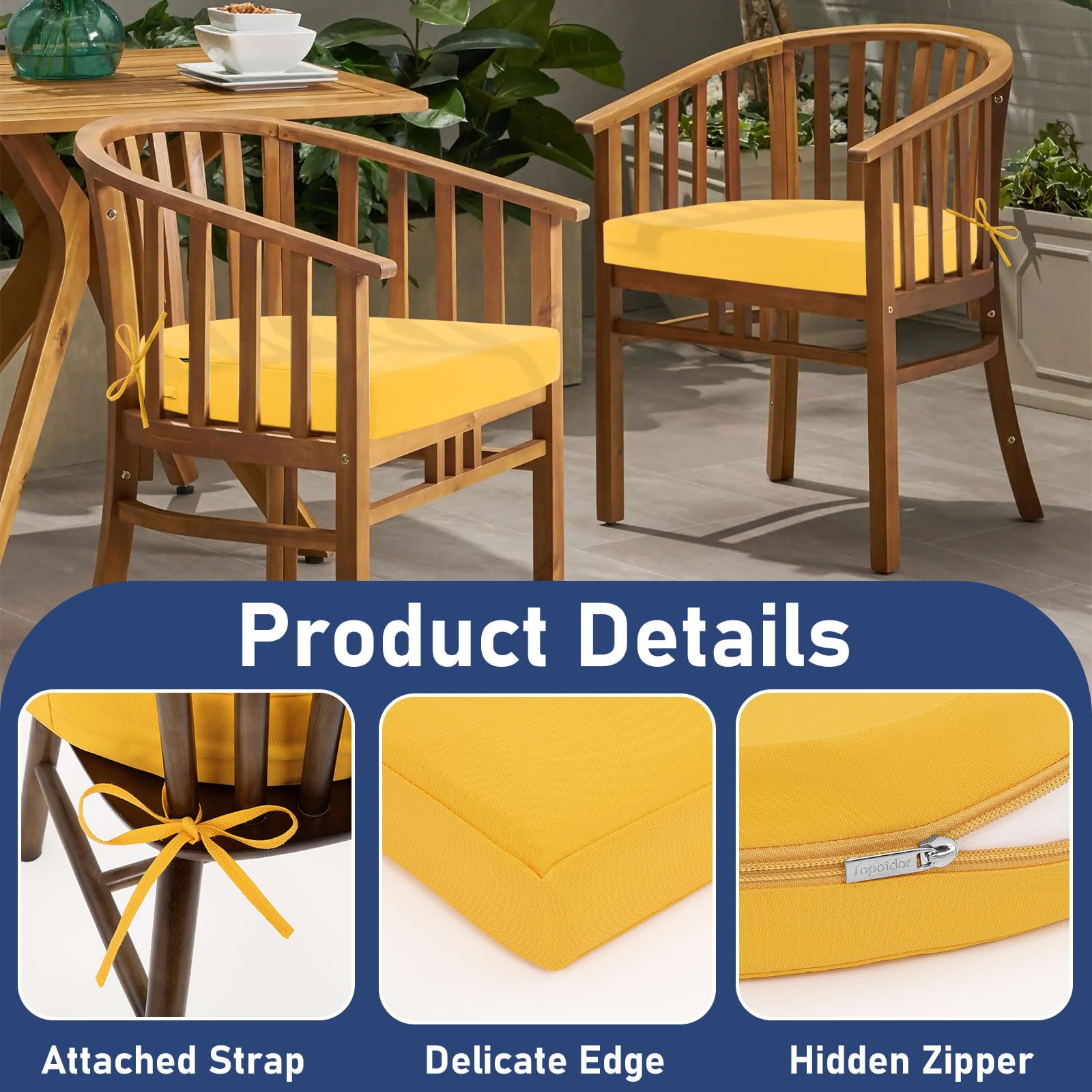 Topotdor cushions with fixed ties stay securely on chairs