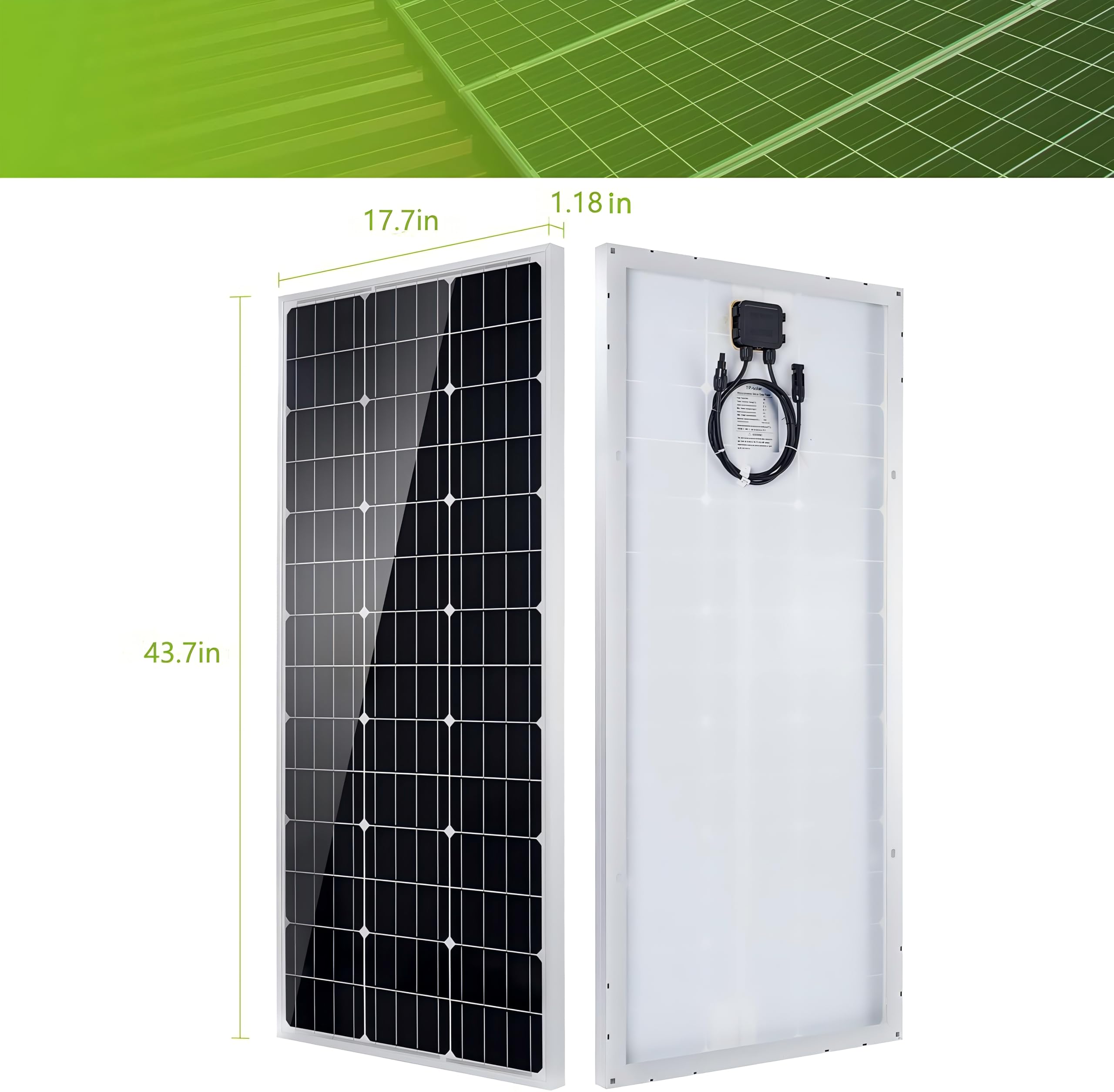 Topsolar 100W panel close-up showing monocrystalline cells and rugged construction