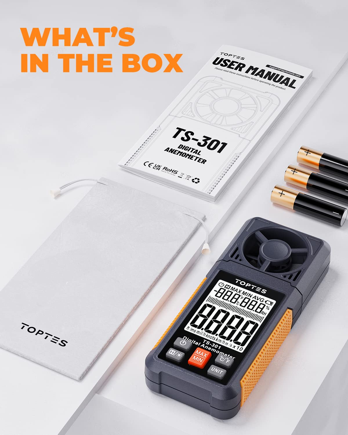 TopTes TS-301 includes batteries, manual, and carry pouch in the box.
