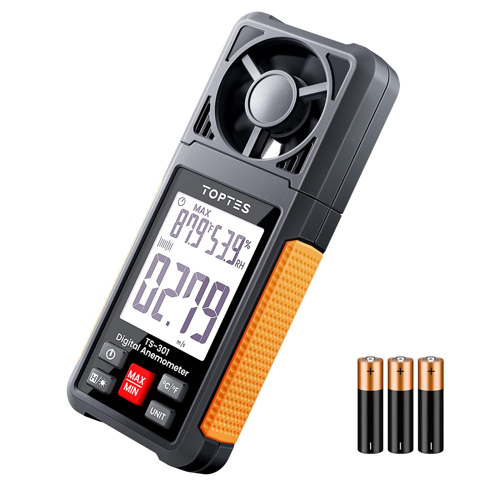 TopTes TS-301 front view shows a compact handheld wind speed meter for outdoor use.