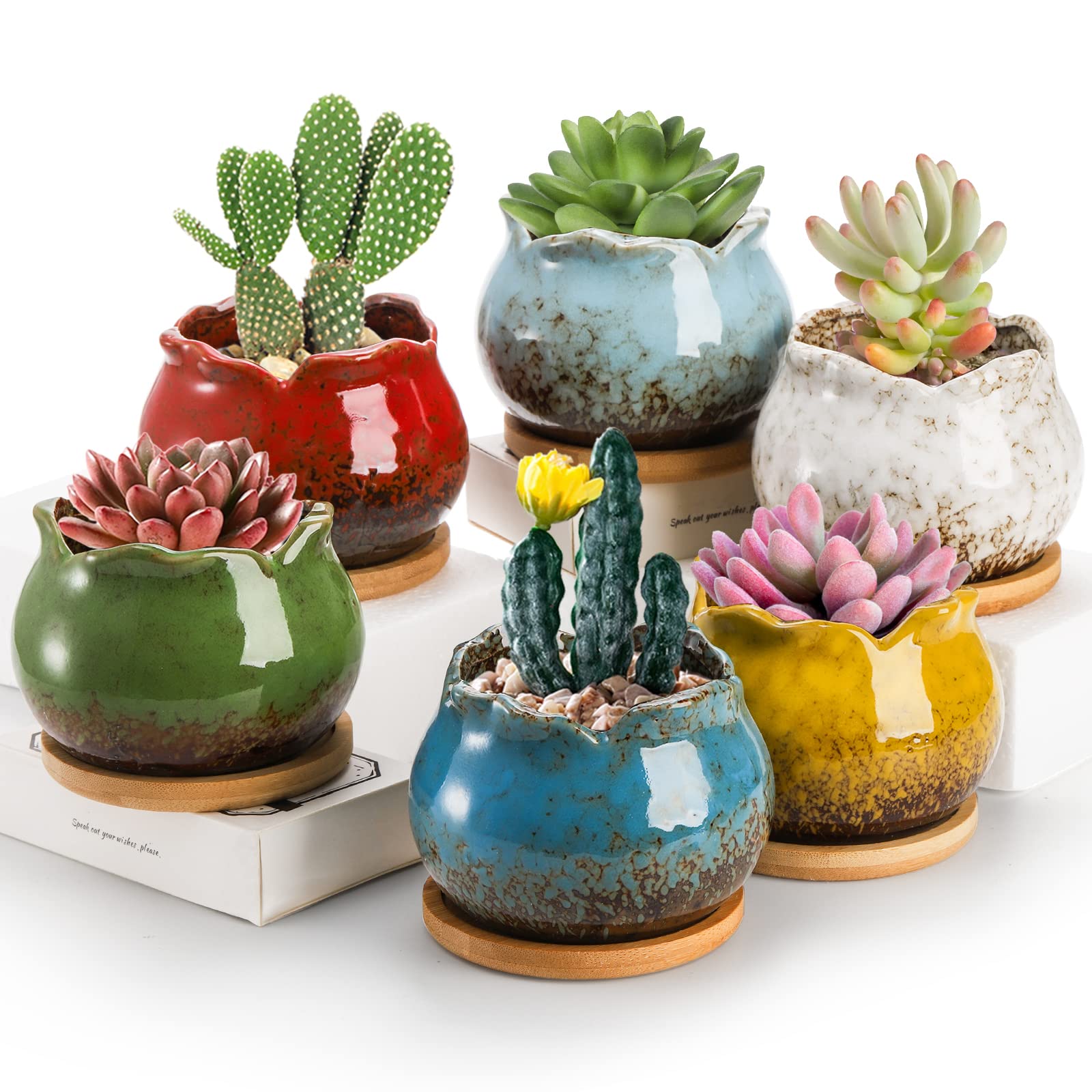 TopZEA red glazed ceramic succulent pot with drainage, ideal for desktop plants.