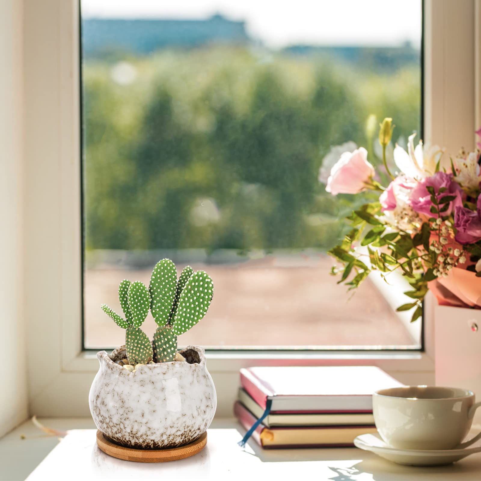 TopZEA white glazed ceramic succulent pot with drainage, clean modern look.