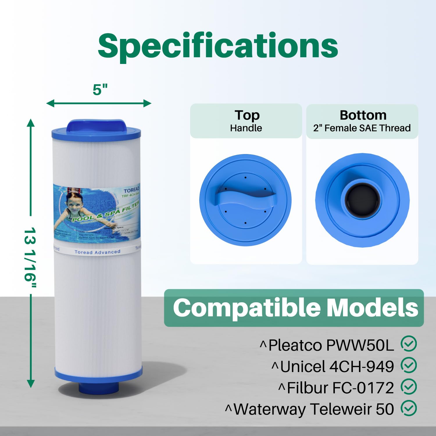 TOREAD 4CH-949 spa filter bottom 2-inch SAE thread for secure fit.