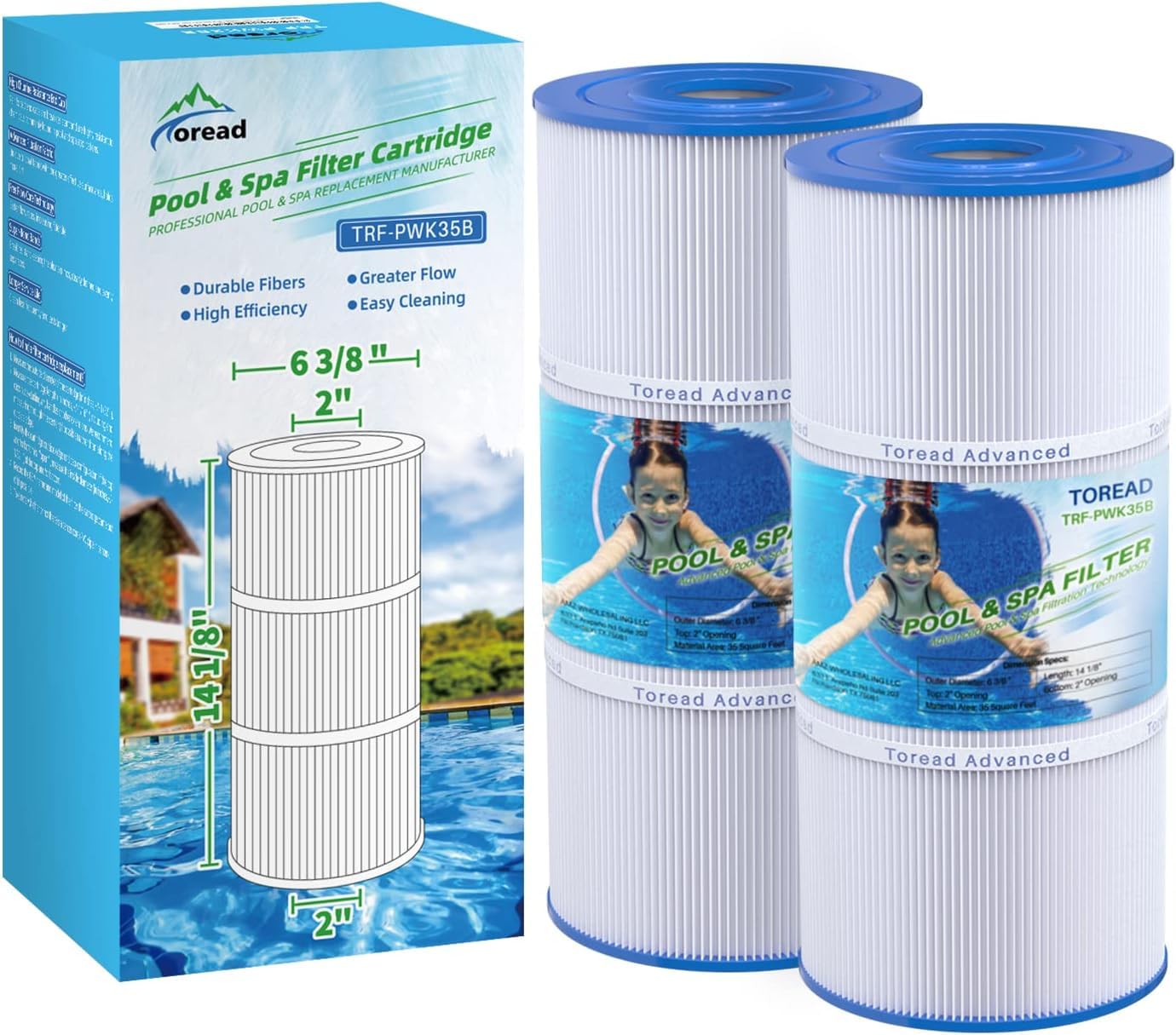 TOREAD PWK35B filter front view showing durable end caps for spa filtration.