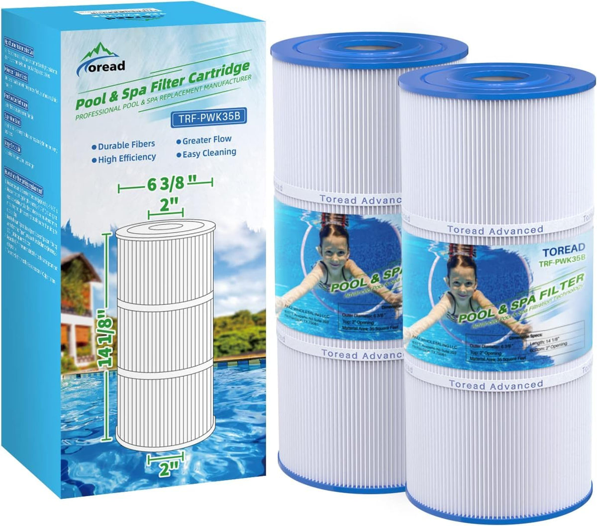 TOREAD PWK35B filter front view showing durable end caps for spa filtration.