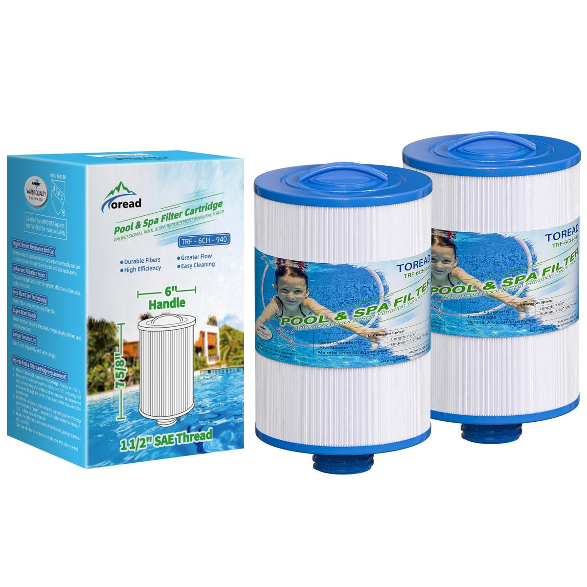 TOREAD PWW50P3 spa filter cartridge with 1-1/2 inch SAE thread for easy installation.
