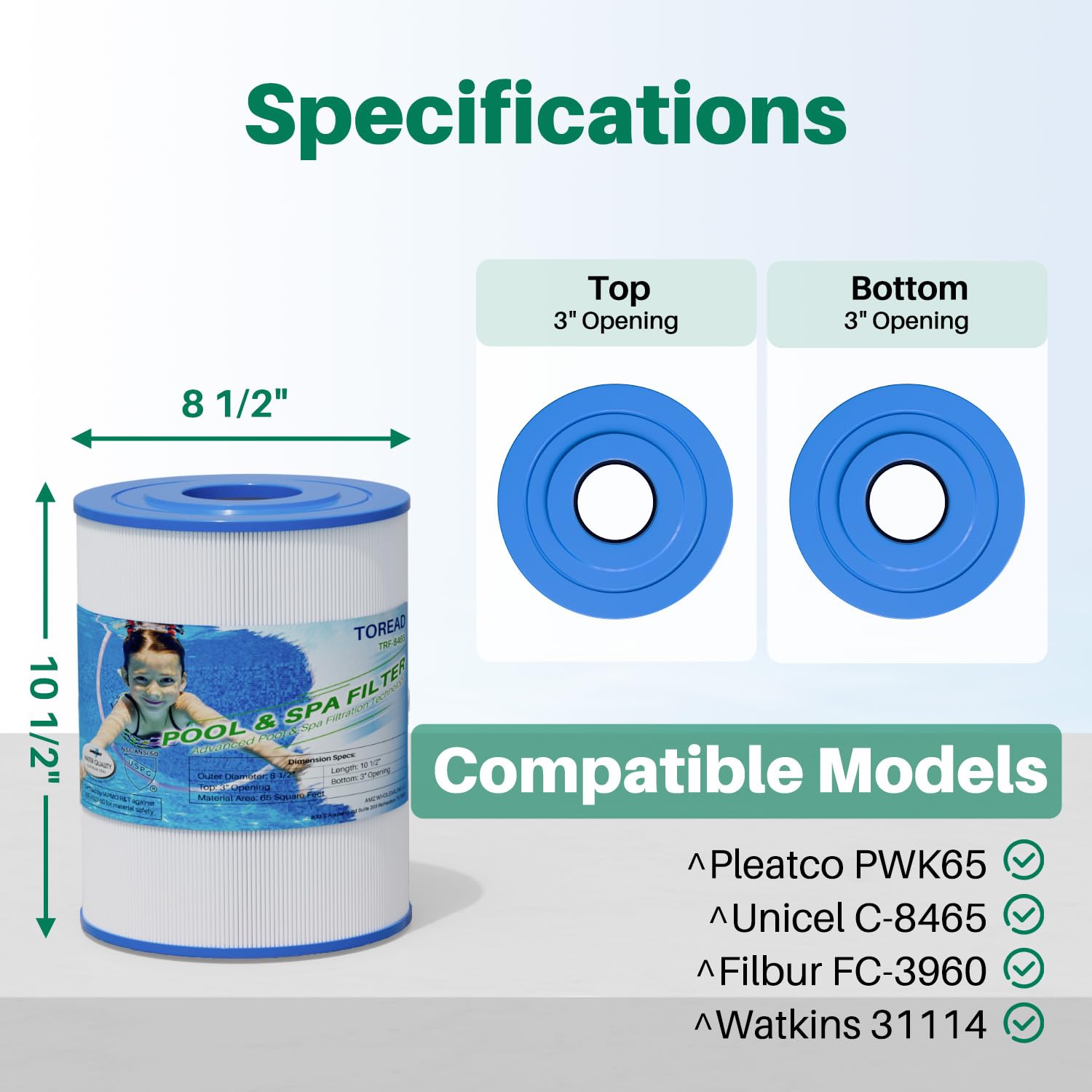 TOREAD spa filter 65 sq ft open-end design ensures easy fit.