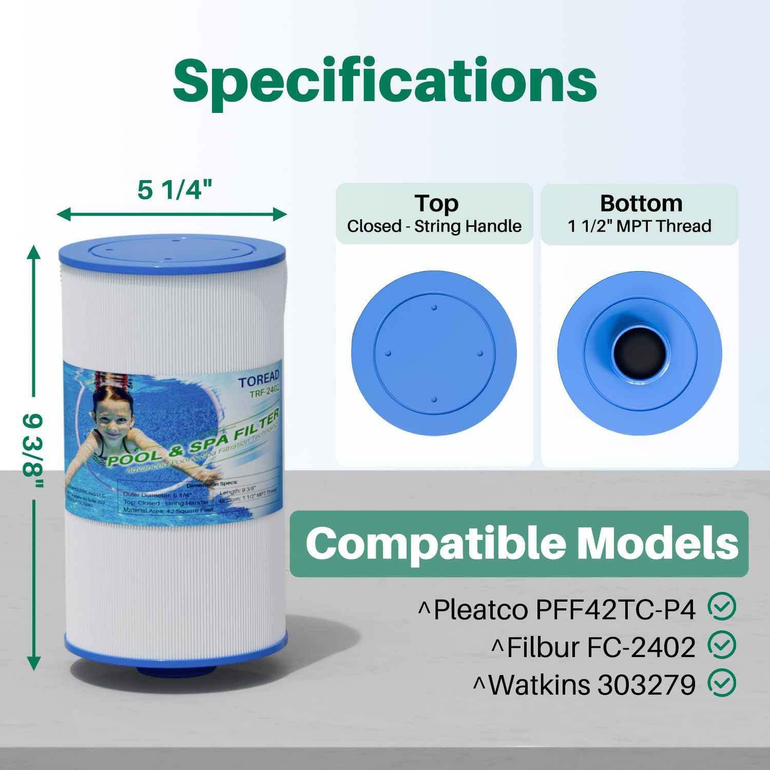 TOREAD TRF-2402 spa filter side view, highlighting reinforced end caps