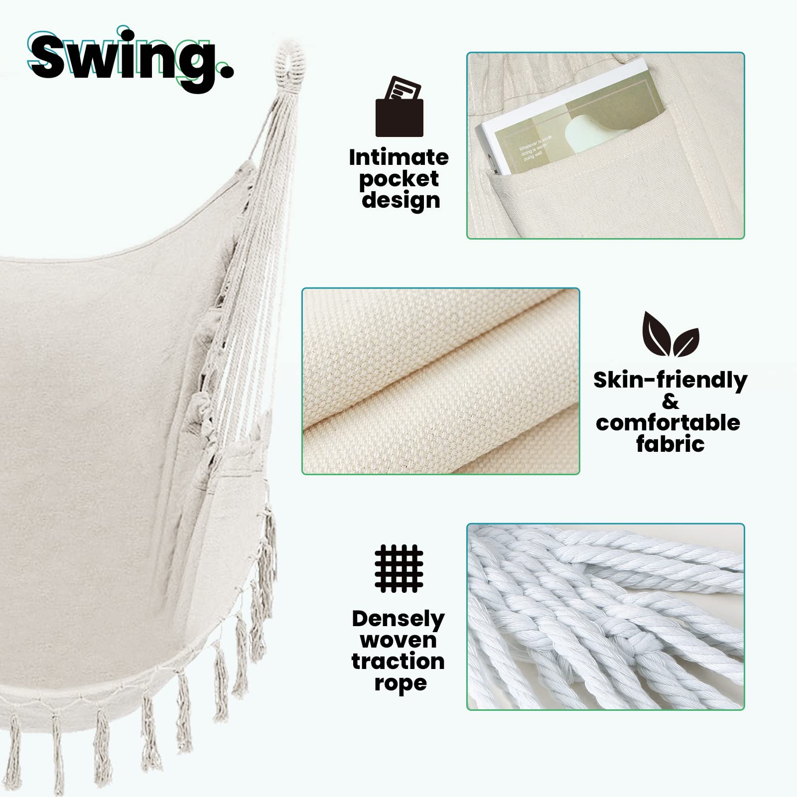 TOREVSIOR hammock chair cotton hammock included for cloud-like comfort.