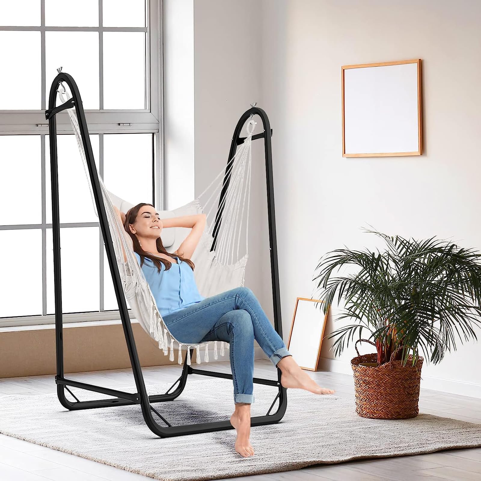 TOREVSIOR hammock chair stand side view highlighting balanced frame.