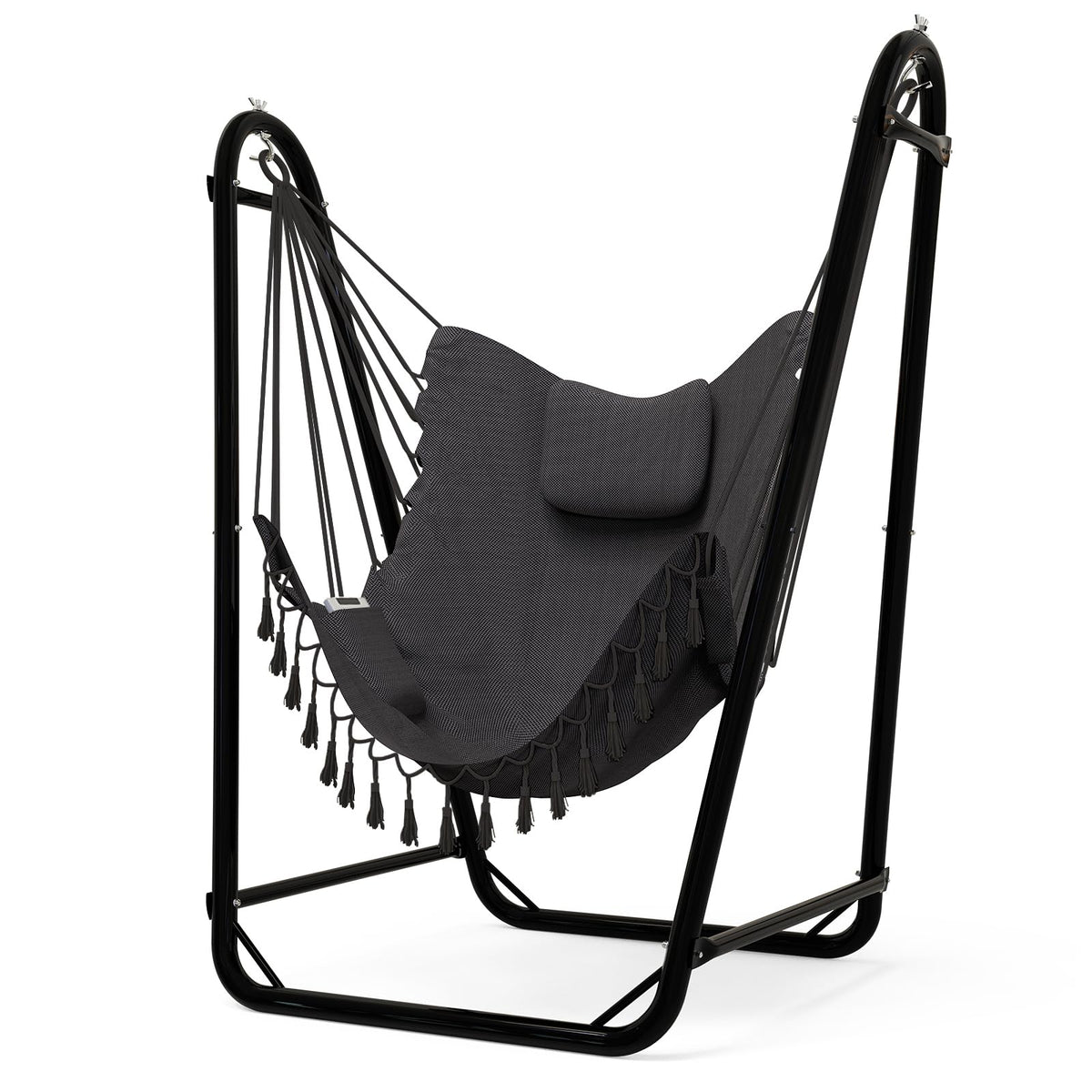 TOREVSIOR unique U-shaped hammock chair with stand for indoor and outdoor relaxation.