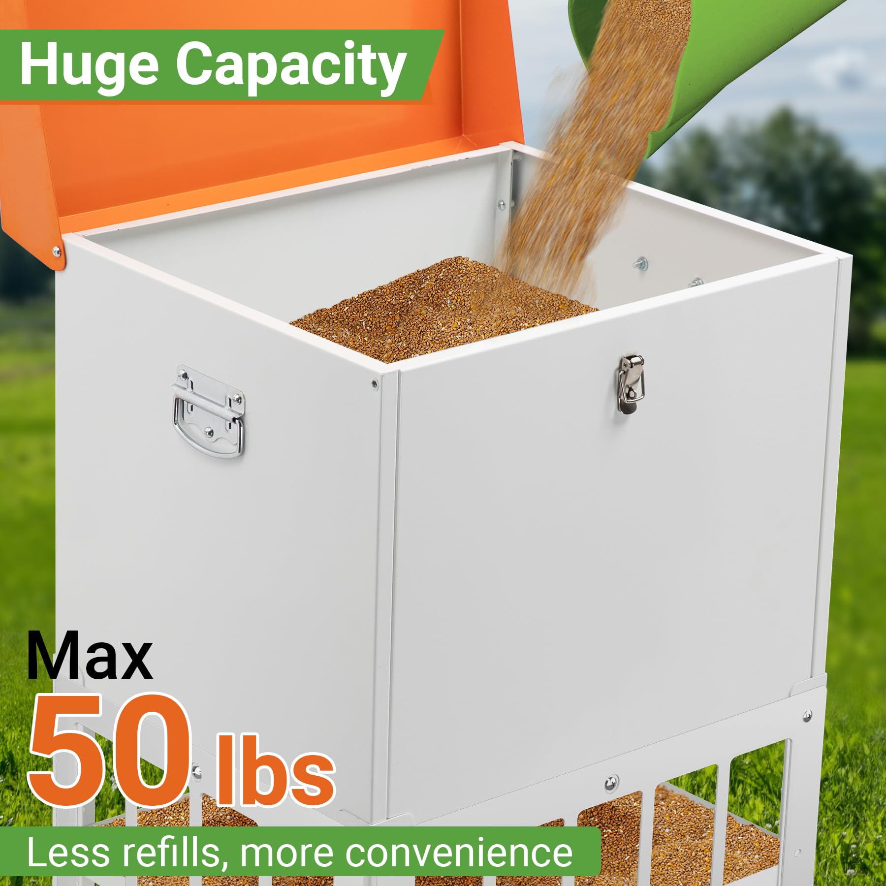 Toriexon 50lbs capacity keeps flock fed between refills.
