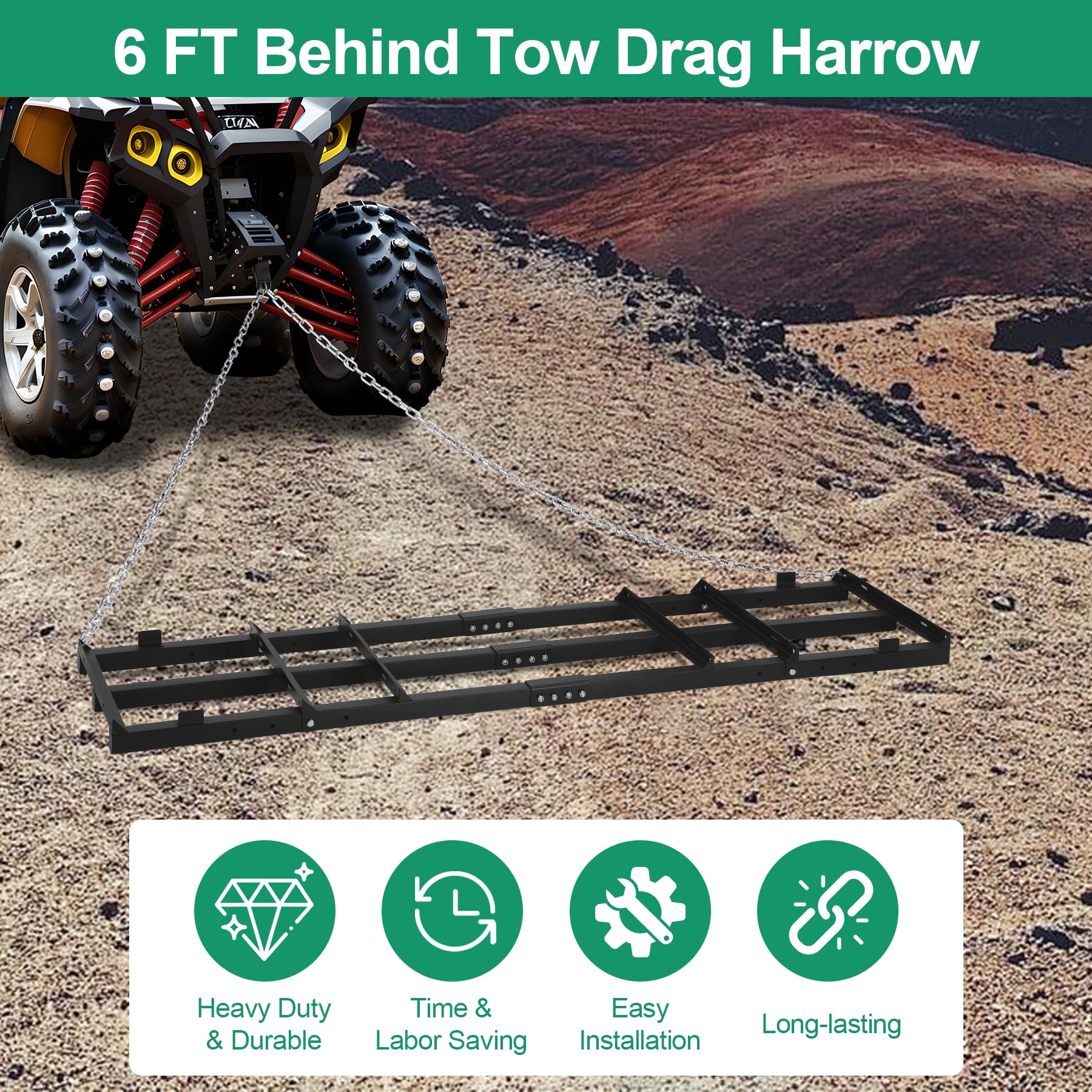 Toriexon 5ft chain attachment image highlights secure traction during grading tasks