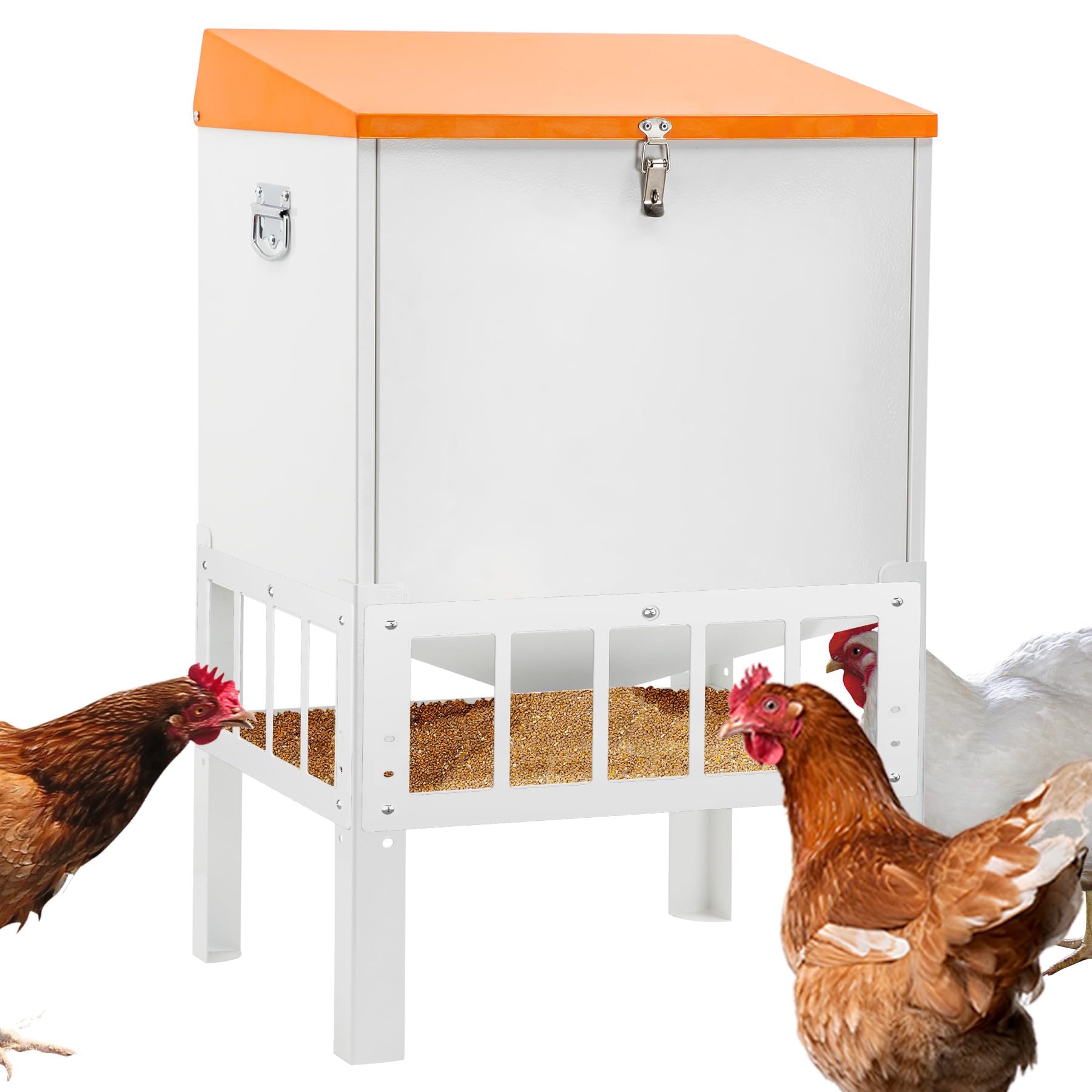 Toriexon chicken feeder with grille and ports reduces crowding during feeding.
