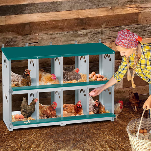 Toriexon green nest box adds practical color to the coop.
