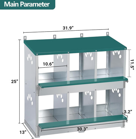 Toriexon green nesting box highlighting spacious layout for hens.