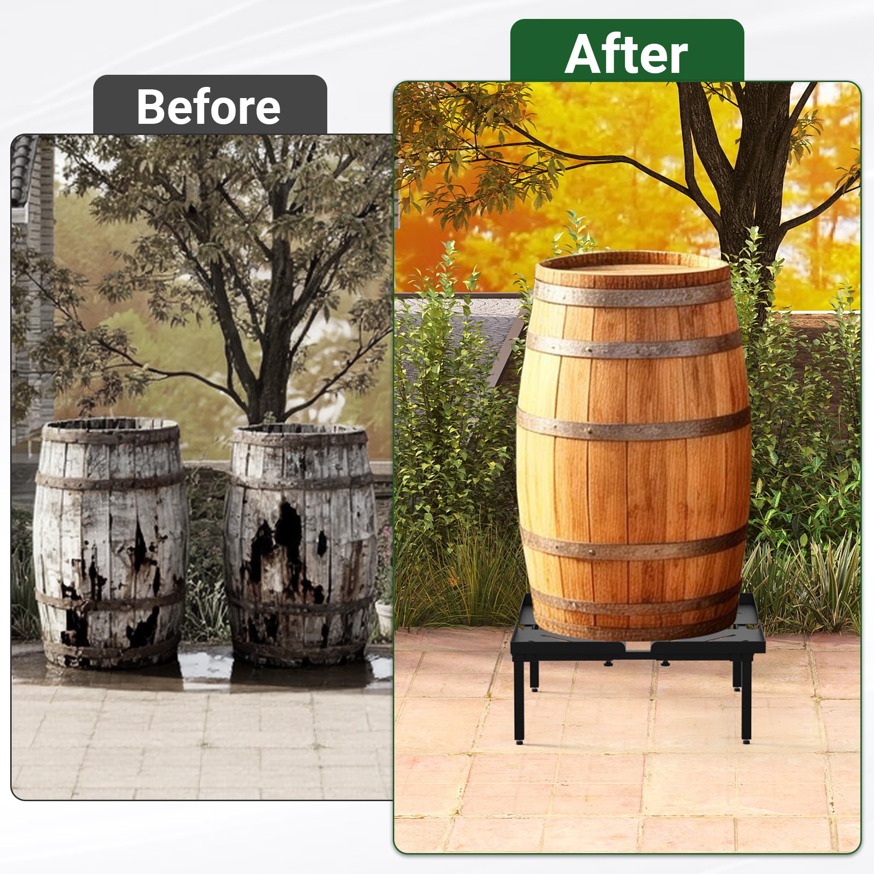Toriexon quick-setup-rain-barrel-stand eliminates need for pallets.