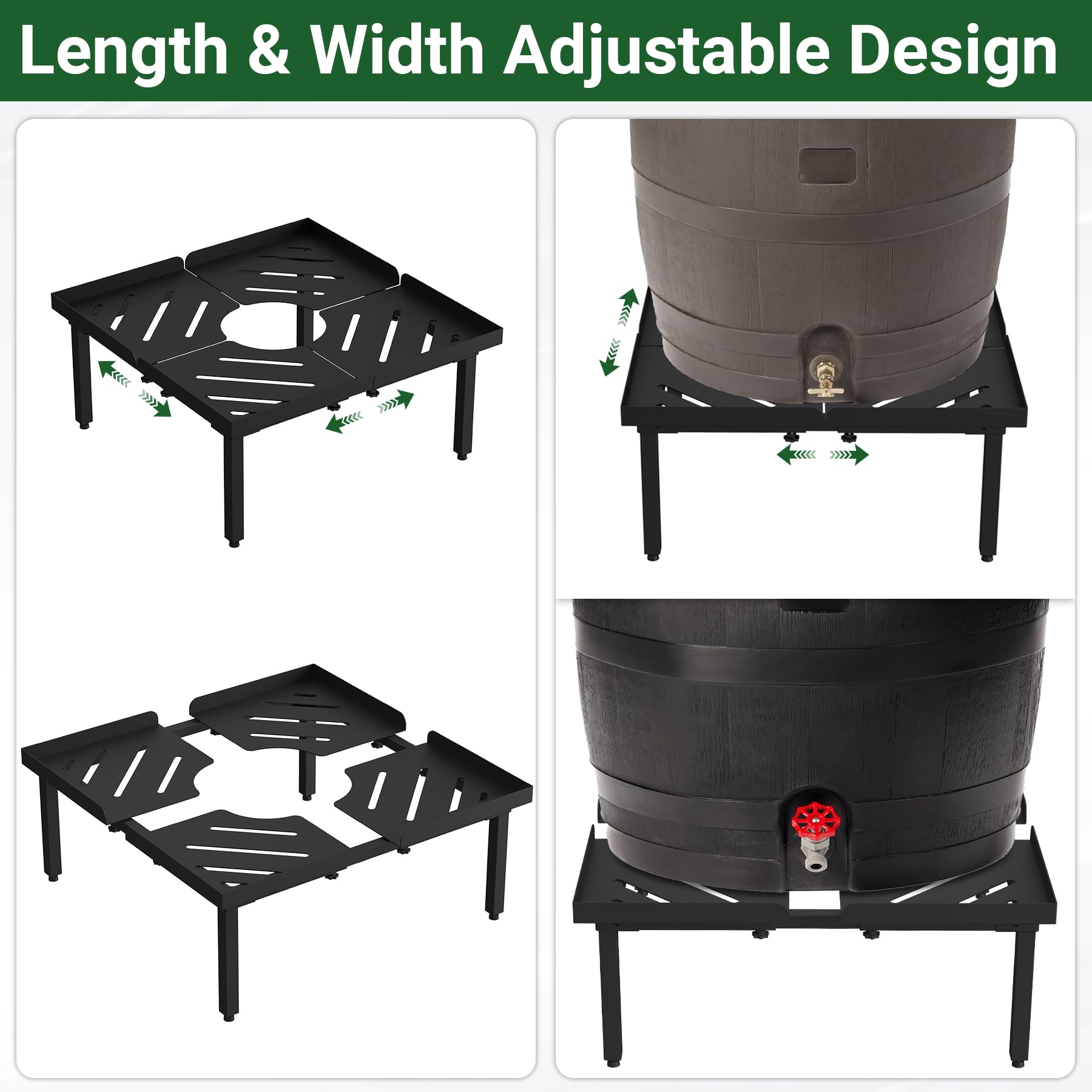 Toriexon elevated-rain-barrel-stand improves water pressure during watering.