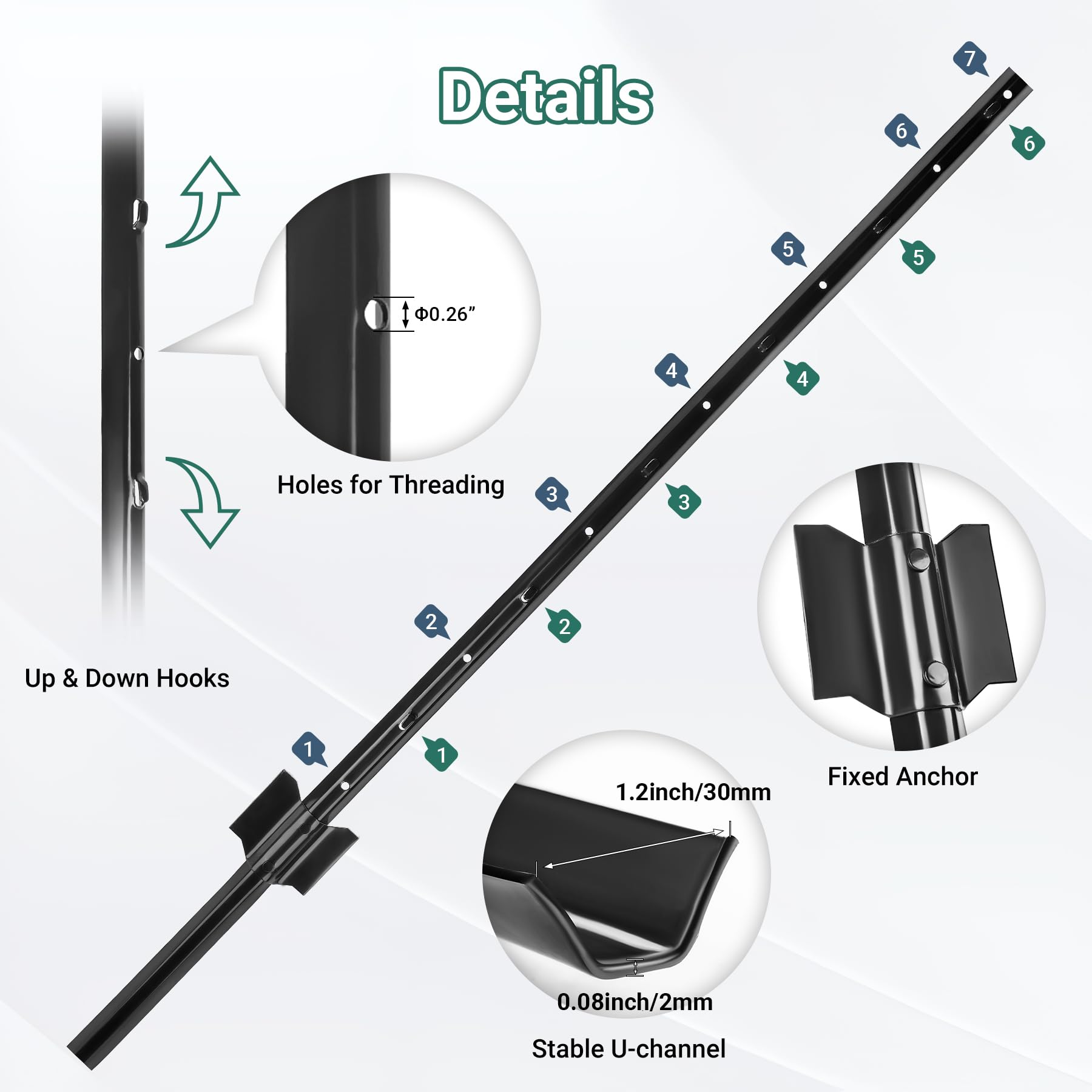 Toriexon fence post with adjustable tabs for easy attachment of rolled fencing.