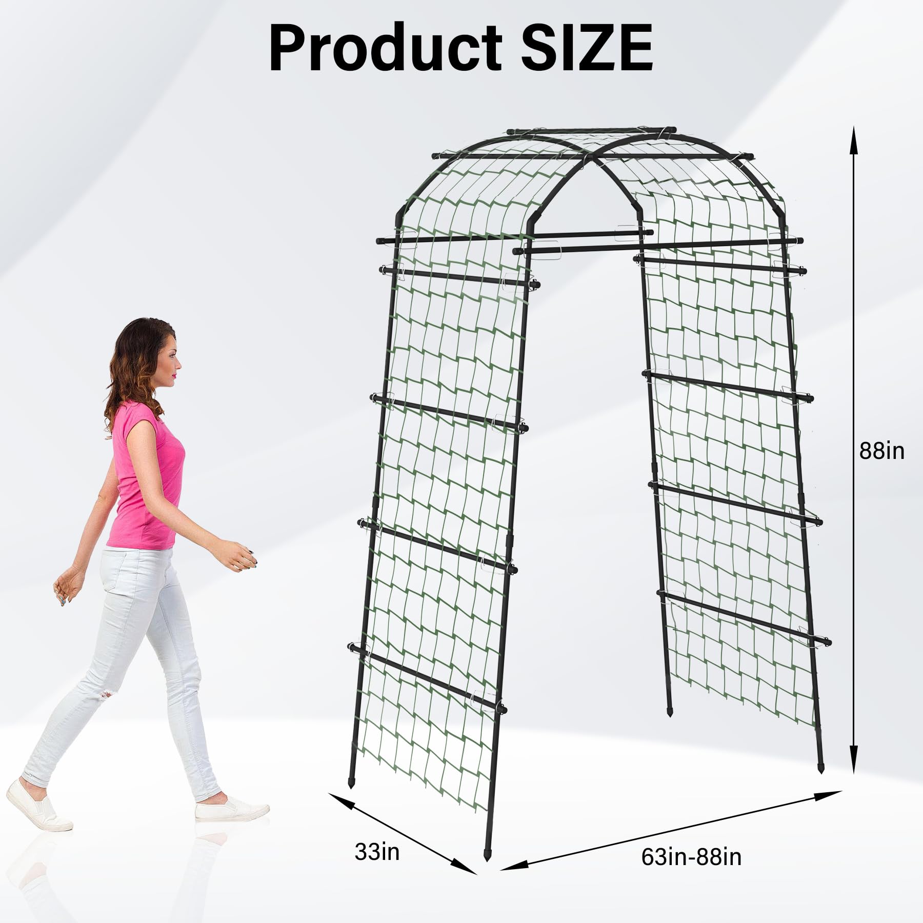 Toriexon Garden Arch Trellis shows 2.8ft depth for versatile placement in beds.