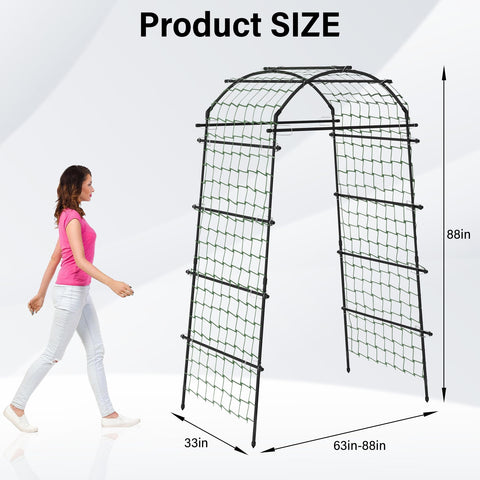 Toriexon Garden Arch Trellis shows 2.8ft depth for versatile placement in beds.