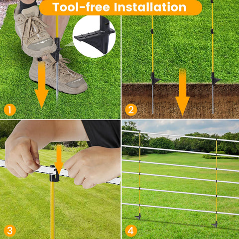 Toriexon Step-In fence posts compatible with most wires, tape, and rope.