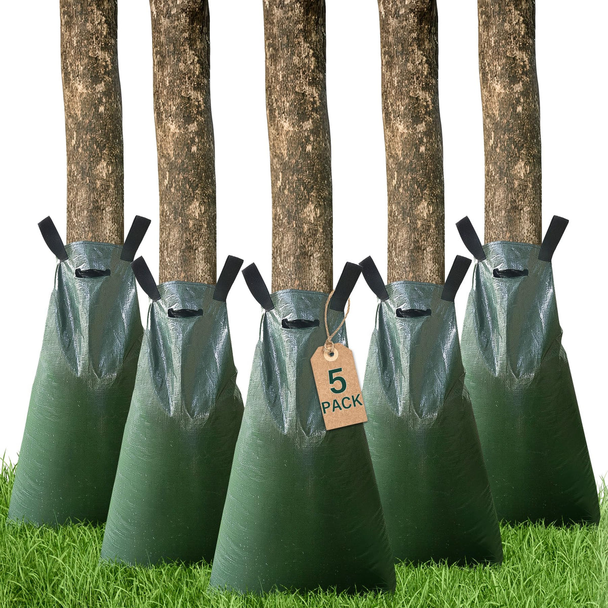 Toriexon tree watering bag showing 20-gallon capacity for extended irrigation