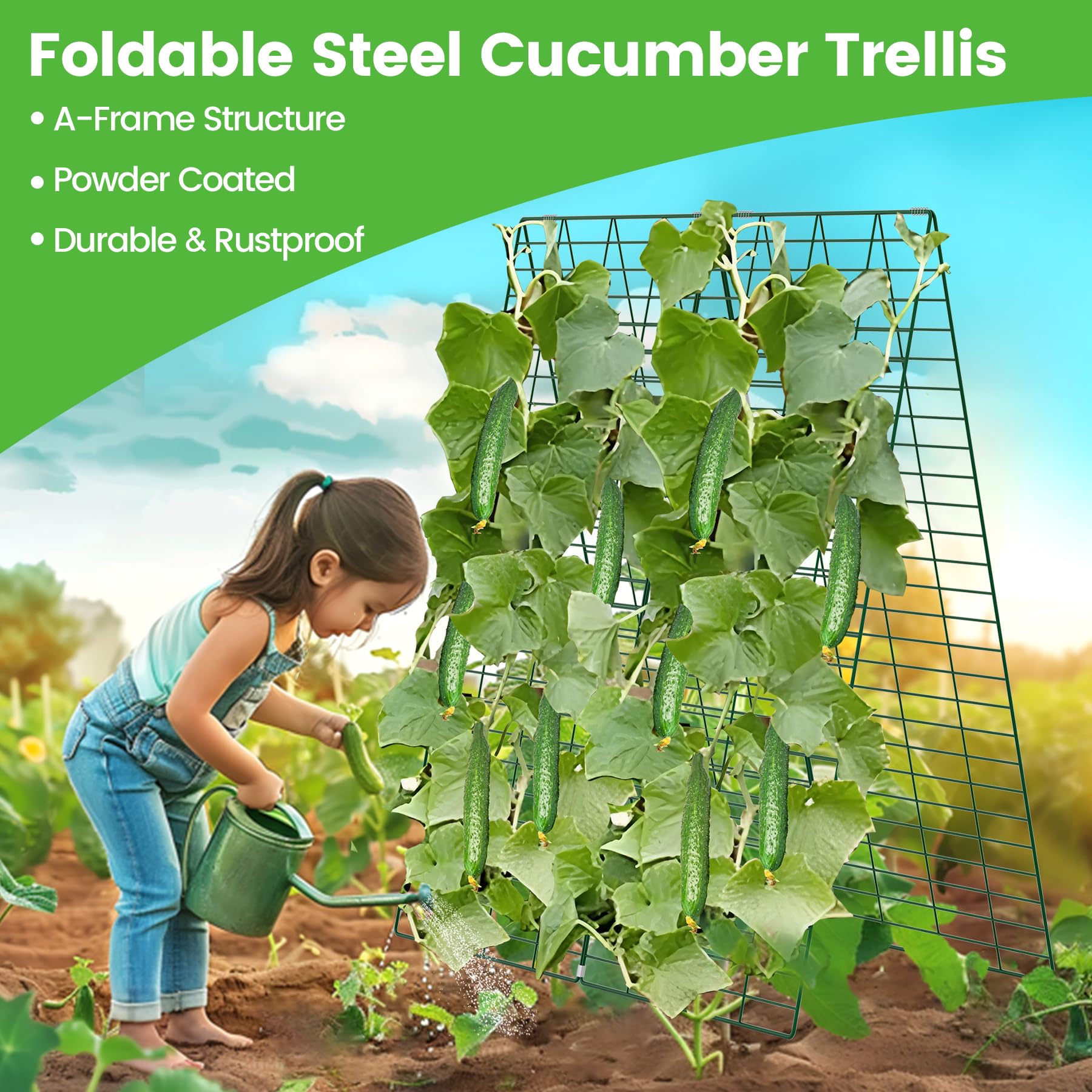 Toriexon trellis unfolded and anchored in soil using included U-stakes for stability