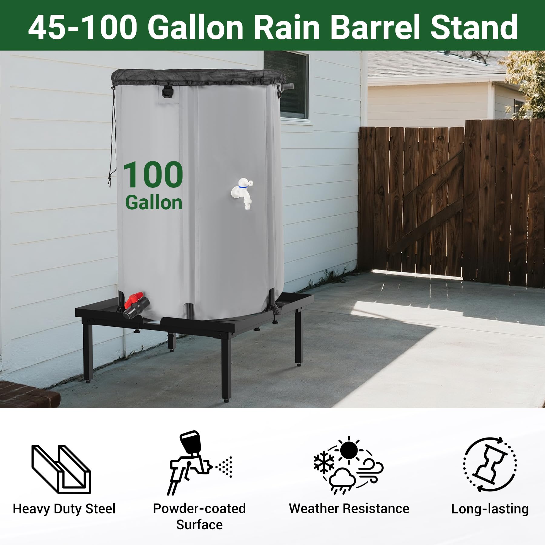 Toriexon universal-fit rain-barrel-stand supports multiple containers with stable base.