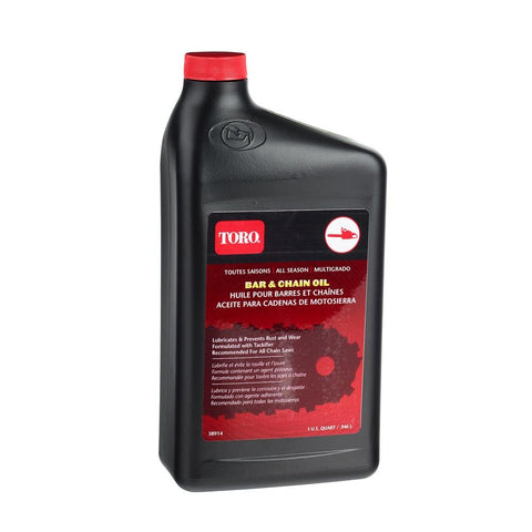 Toro 38914 chainsaw oil bottle pouring into saw for smooth operation