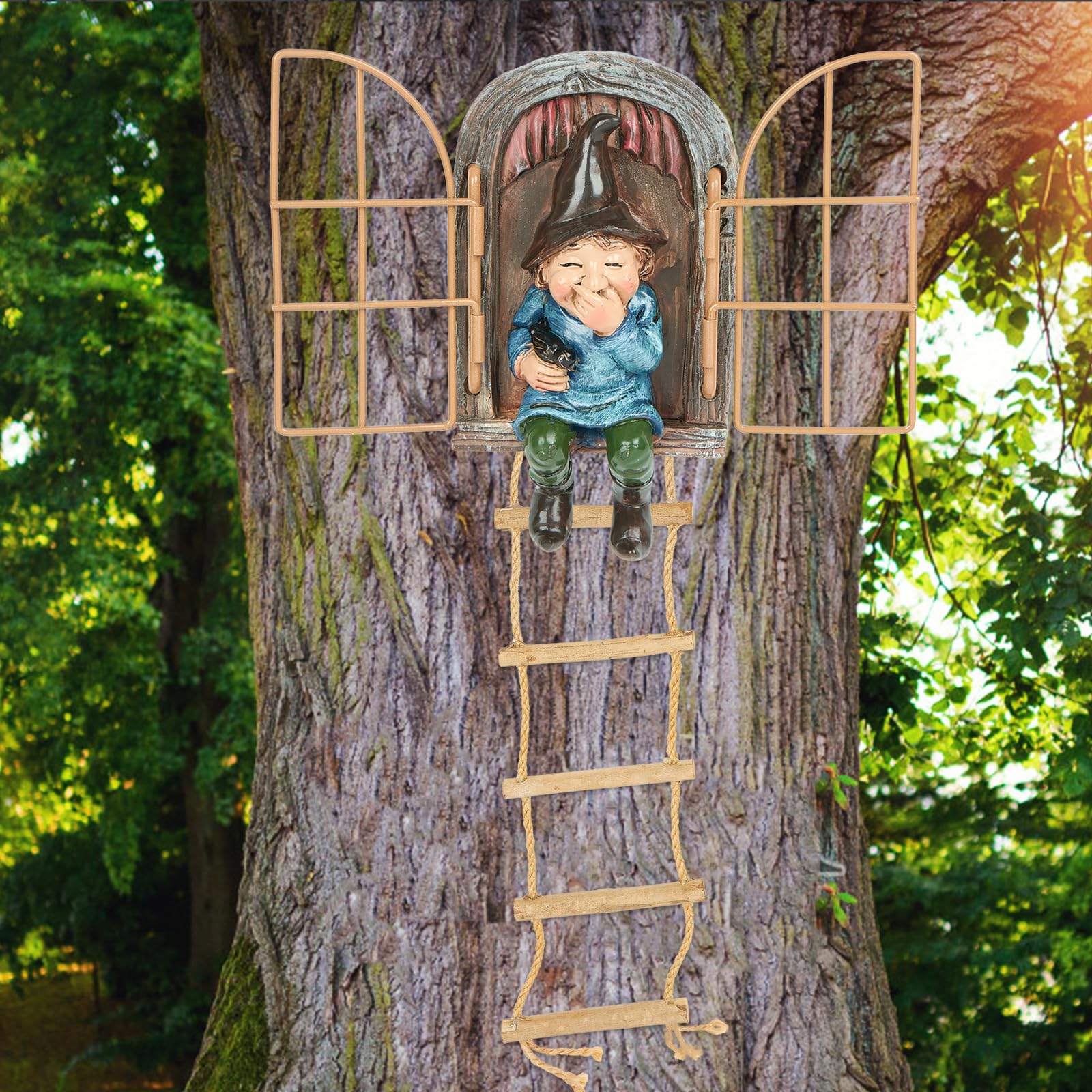 Toromiu garden gnome hanging ladder with window view, adding whimsy to trees and fences