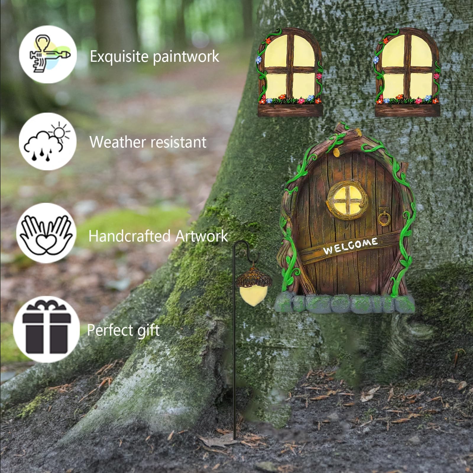 Toromiu welcome sign with vines complements the forest-themed fairy door display.
