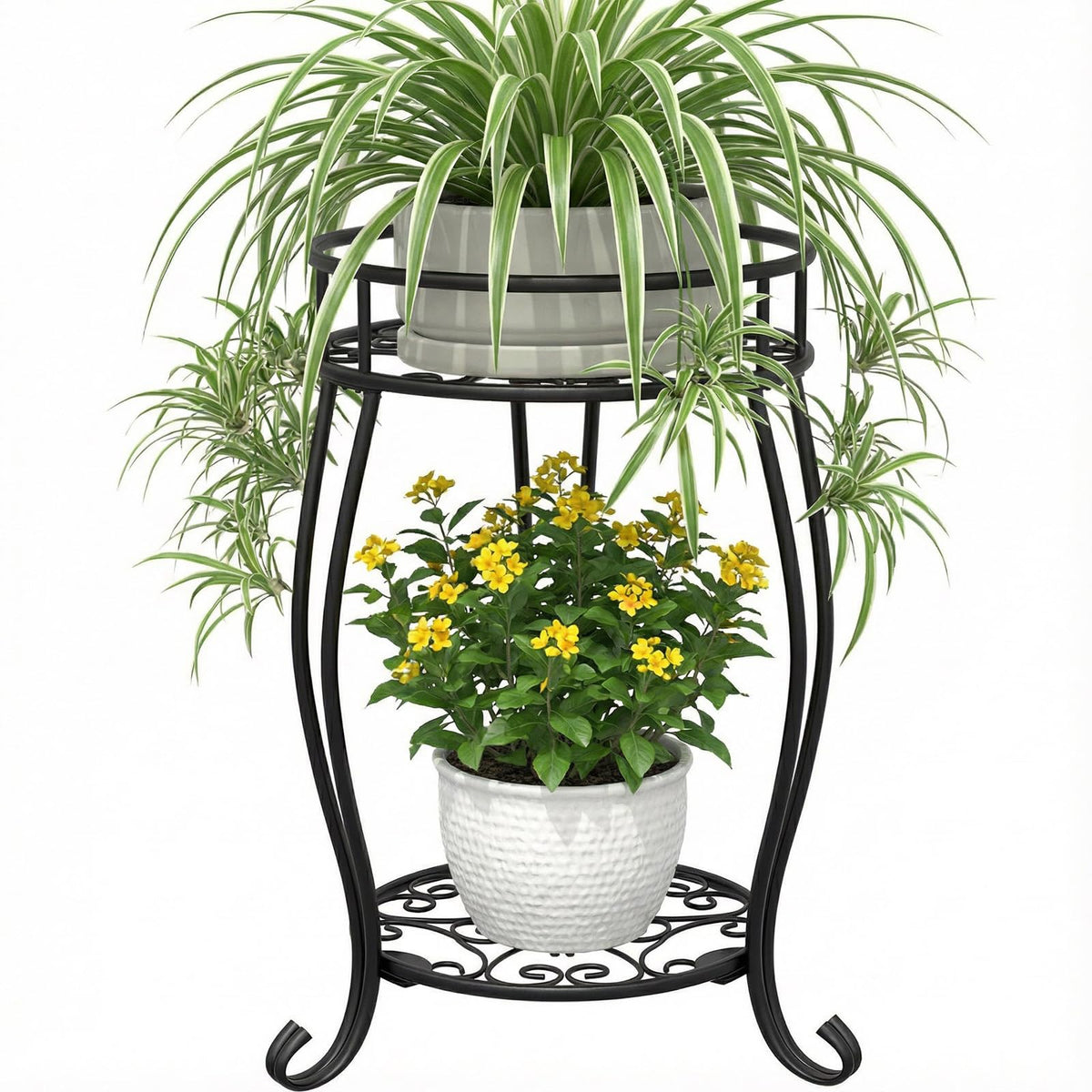 TOSKING 2-tier metal plant stand in black for indoor display and vertical space saving.