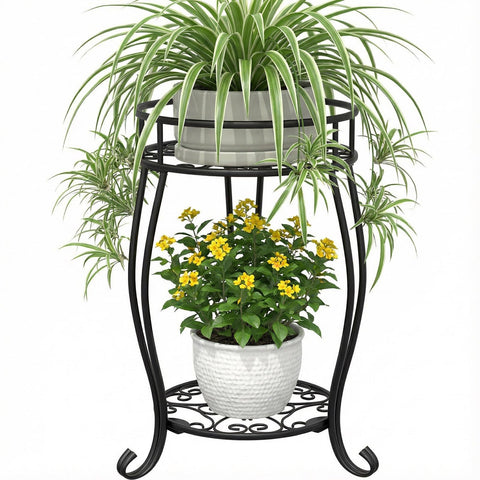 TOSKING 2-tier metal plant stand in black for indoor display and vertical space saving.