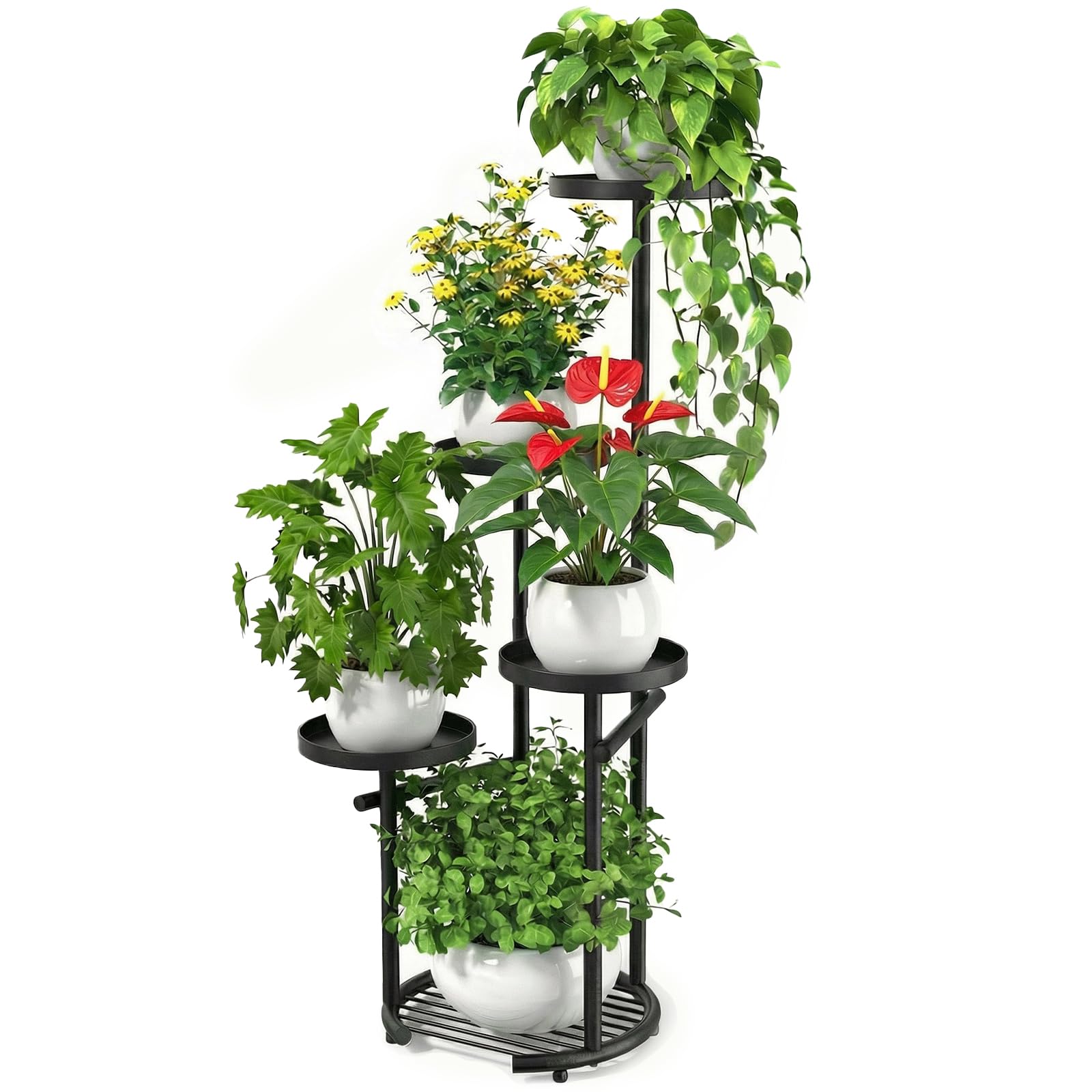 TOSKING 5-tier tall plant stand shown indoors and outdoors for sun exposure and space saving
