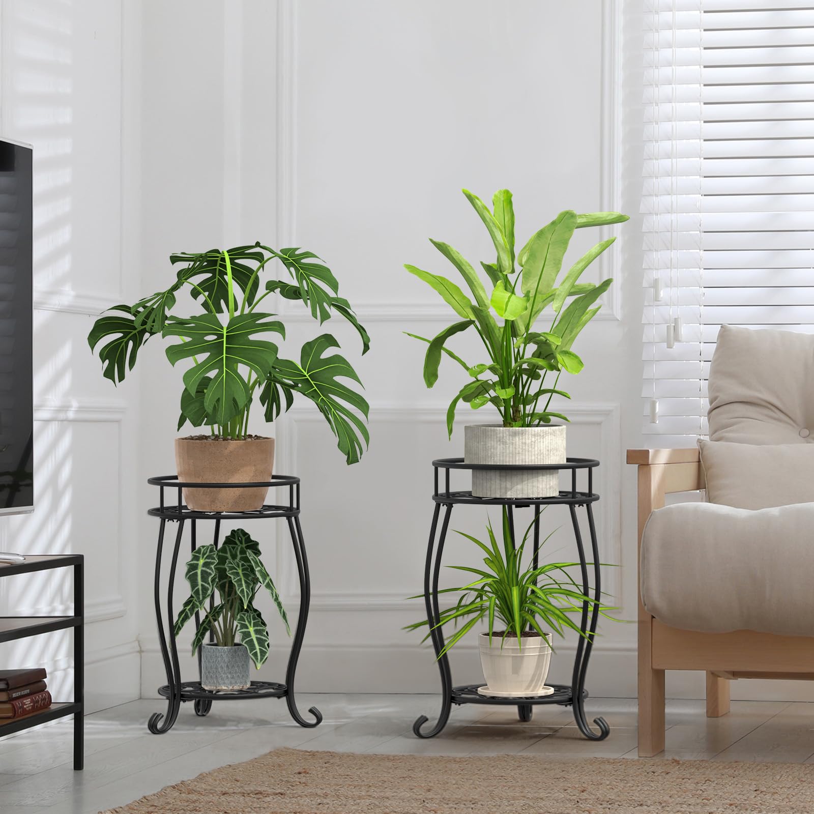 TOSKING 90-lb capacity black metal plant stand handles heavy pots.