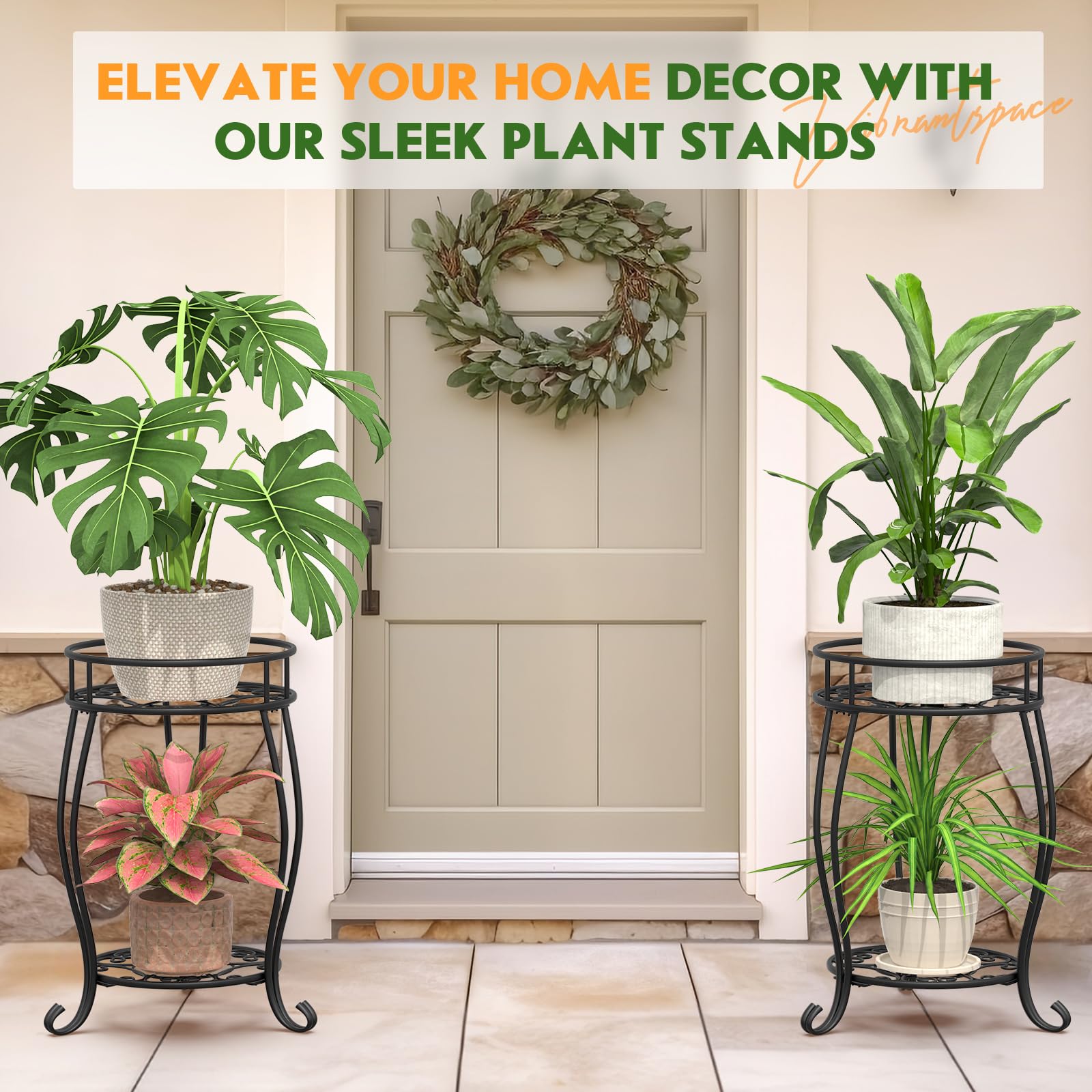 TOSKING indoor-outdoor plant display stand in black offers versatile arrangement.