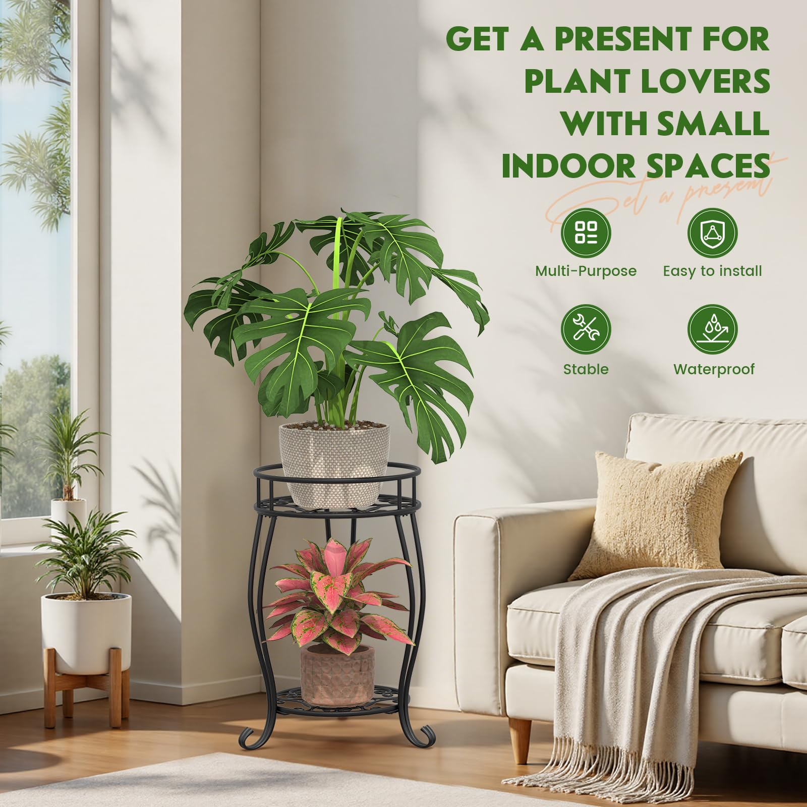 TOSKING modern floral-inspired black stand elevates indoor and outdoor decor.