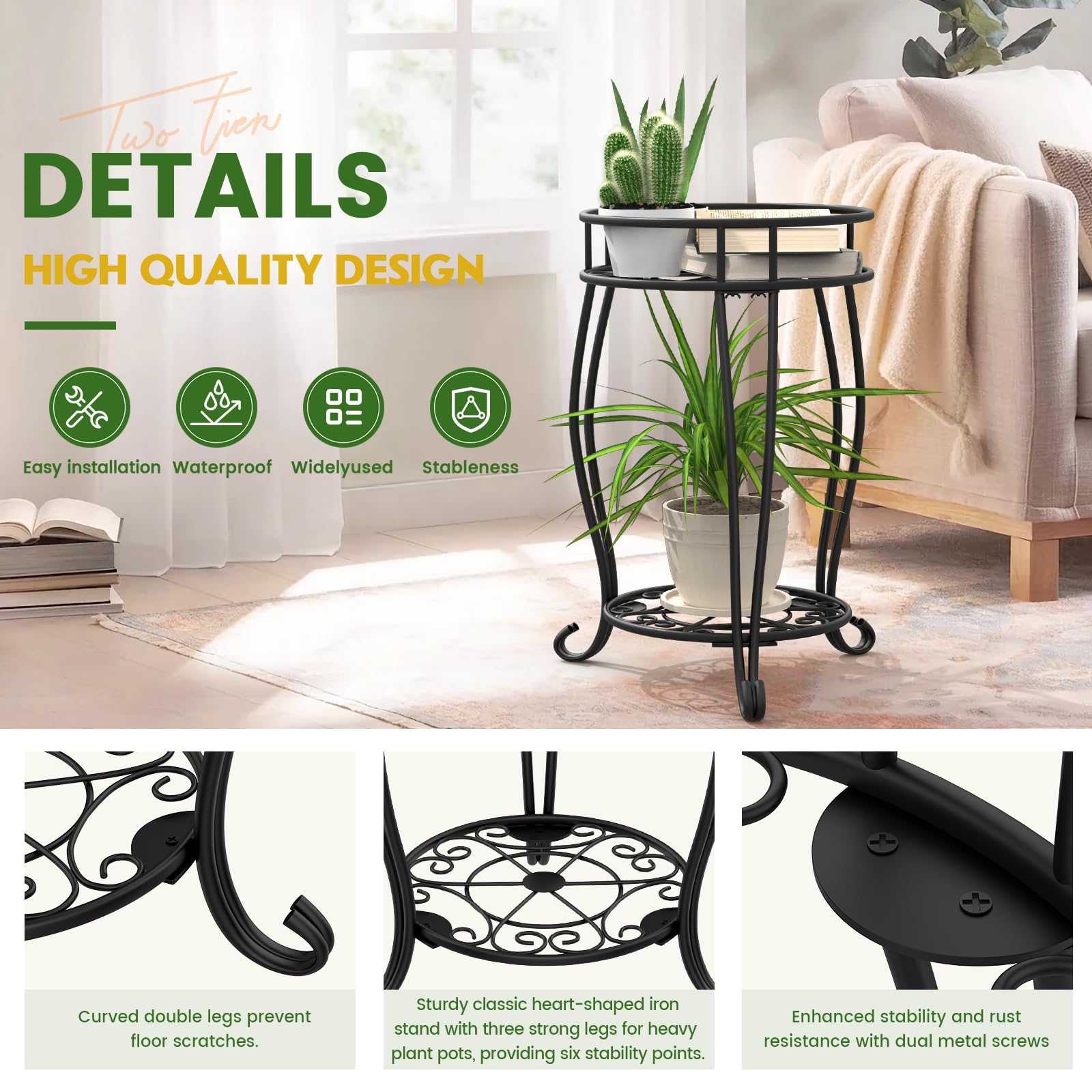 TOSKING sturdy 2-tier stand in black supports large potted plants with a stable base.