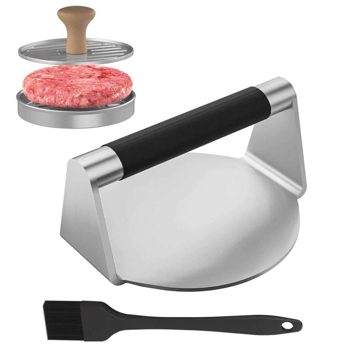 Toskope smash burger press shapes even patties for consistent cooking on the grill.