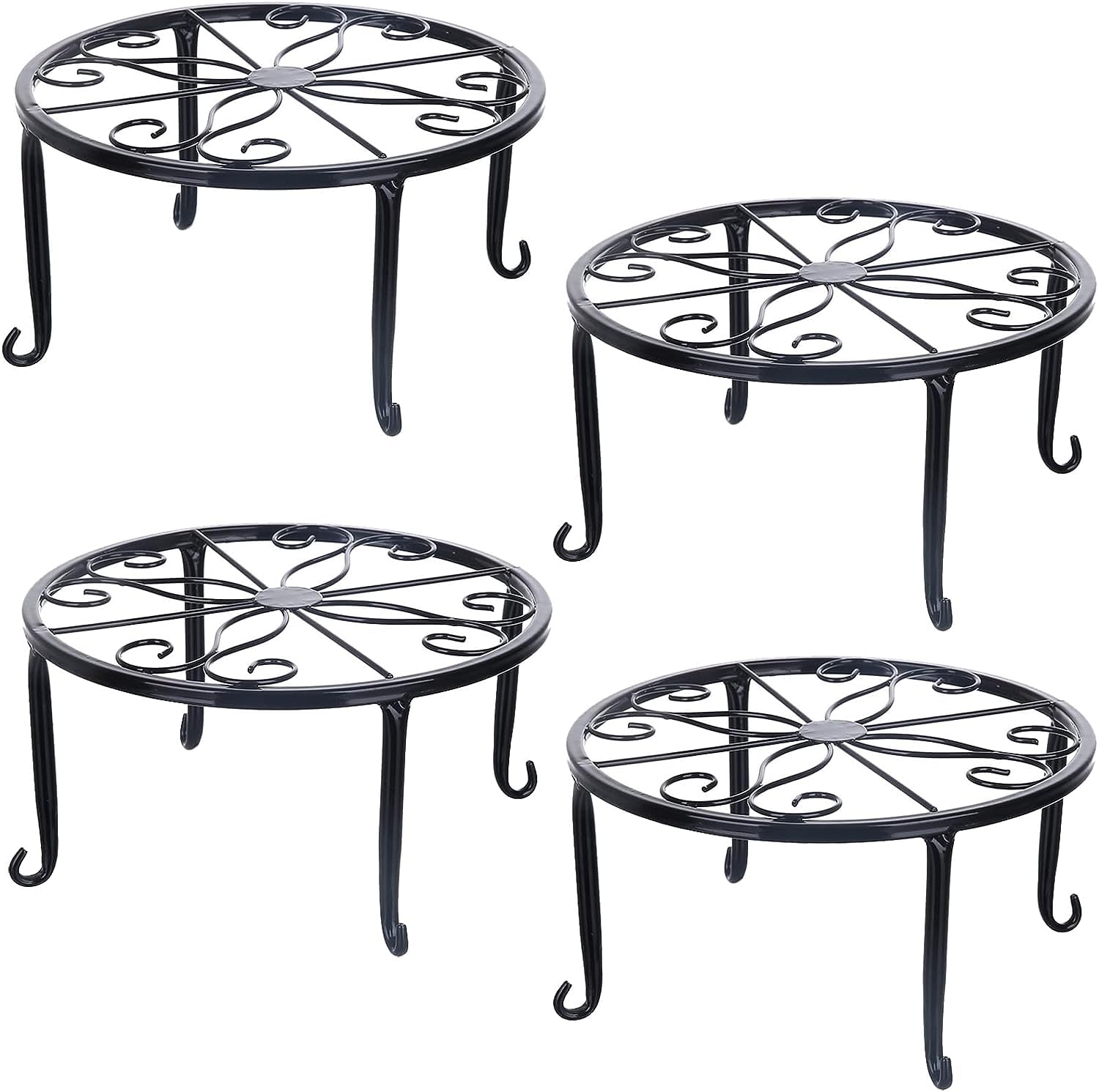 Tosnail four-pack metal plant stands for versatile indoor and outdoor display.