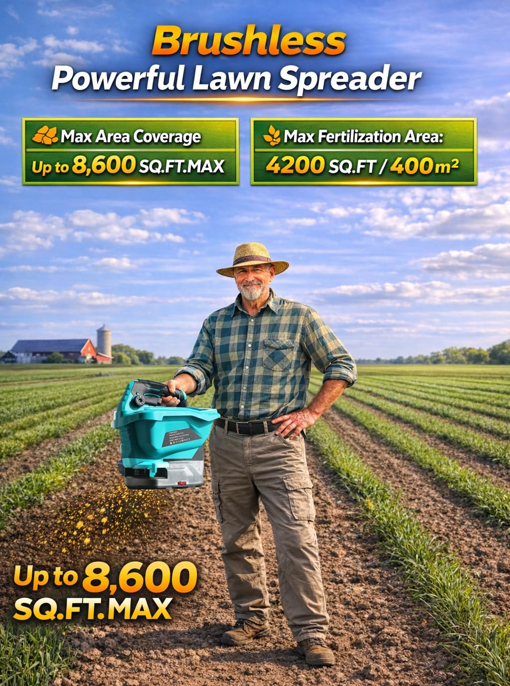 TOSOENPHY cordless spreader in hand across a lawn