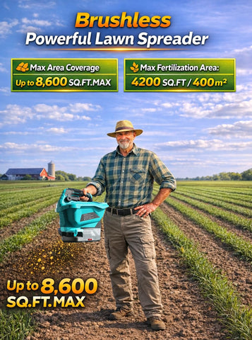 TOSOENPHY cordless spreader in hand across a lawn